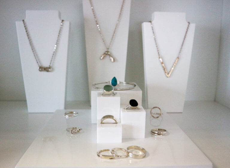 SilverBoo jewelley display featuring necklaces, bangles and rings
