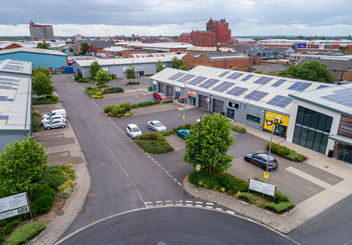 Aerial view of the enterprise village and it's car park.